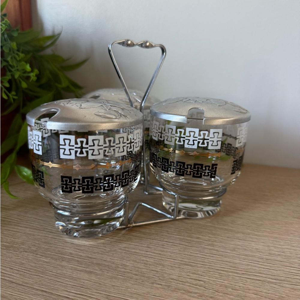 Libbey Glass Condiment Set with Silver and Black Accents